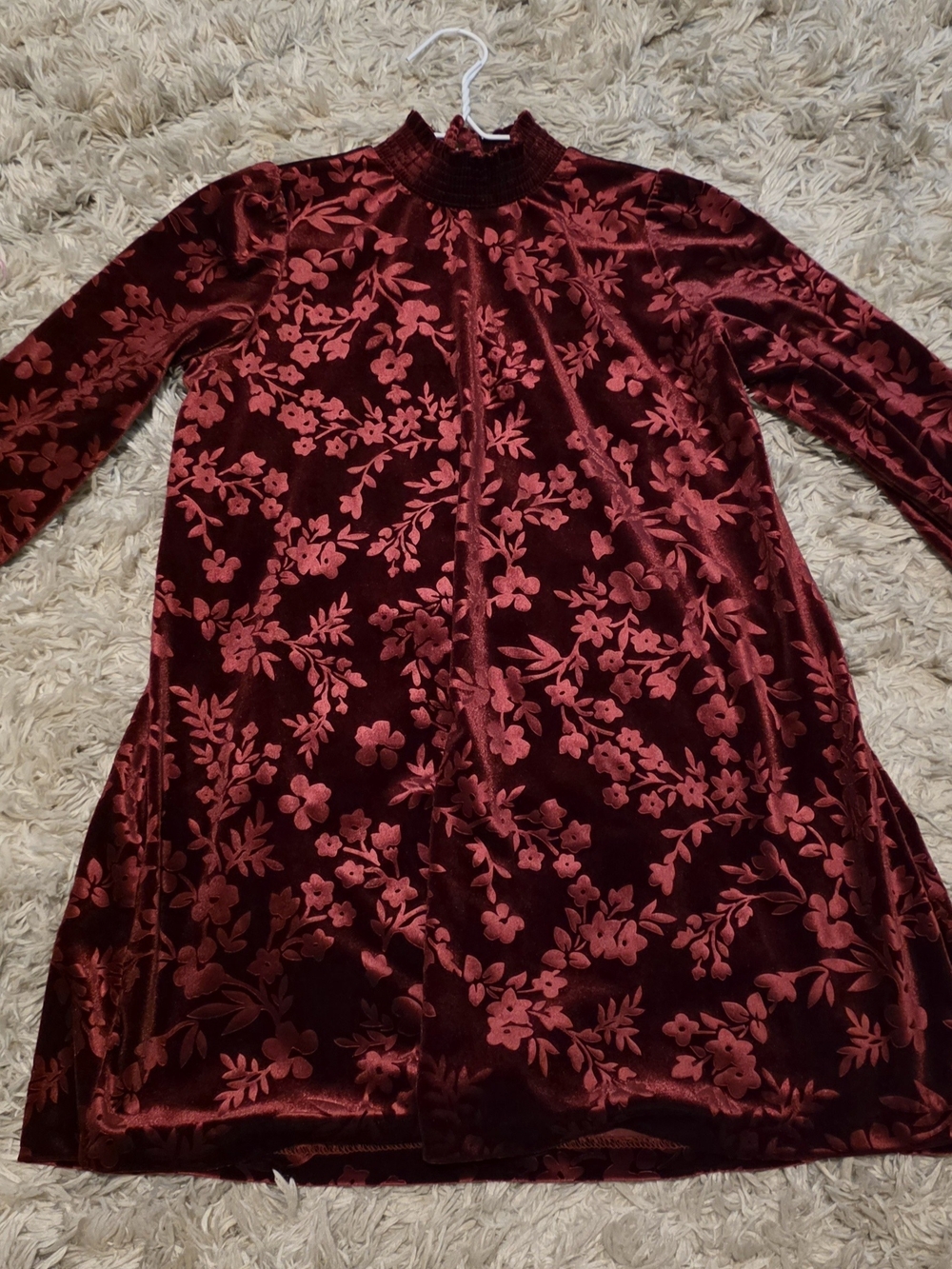 Girl's Velvet Floral High-Neck Coat Dress - Burgundy